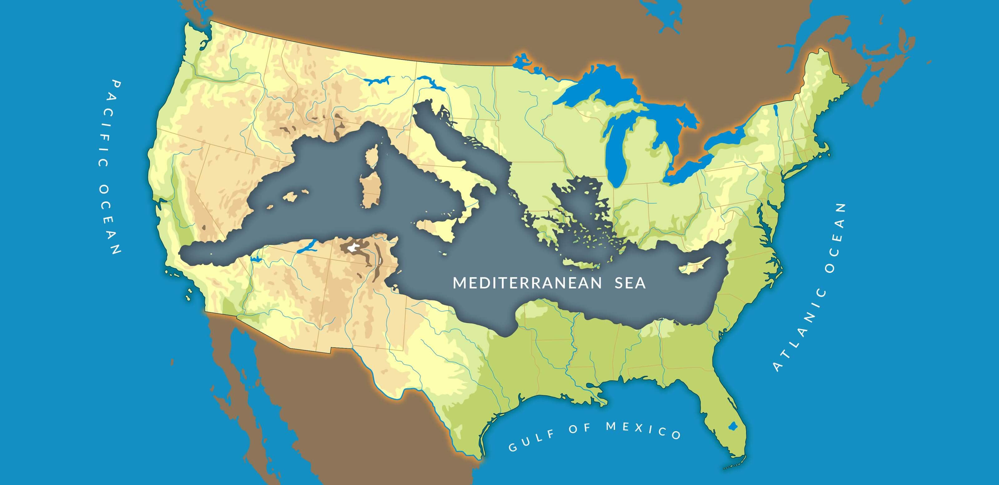 Mediterranean Sea overlaid on the United States to show scale